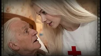 Nurse Katia seduces the old man, and he, with his rock-hard cock, fucks her until she swallows all his cum - AI-generated content