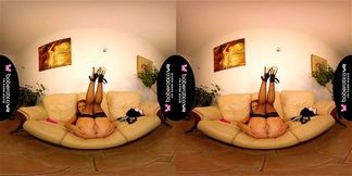 Solo gal, Mila Fox is using a new, pink vibrator, in VR