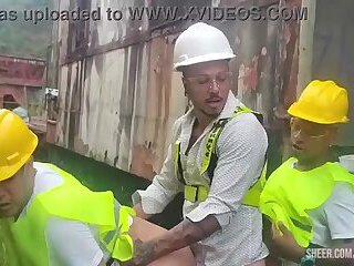 The workers worked hard today. They called their friend for an orgy at lunchtime, and dessert was