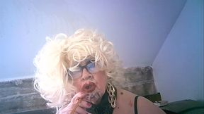 Disgusting old bimbo fag whore Sarah fucks her cunt arsehole with cig holder, before putting in her  mouth and smoking