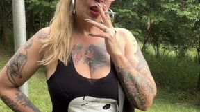 Red Marlboro 100s - Smoking in the park - Smoker's coughing, Deep Inhales, Multiple pumps, Puffs, Nose exhales, Crush, All star converse sneakers, Leggings, Red lipstick, Long nude nails