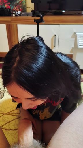 Asian slut deepthroats big white cock