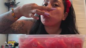 Lustful Goddess in watermelon ASMR Eating With Light Burping, Mouth Sounds, And Bloated Belly