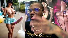 asian transgender girl filling up balloons with her transgender cum, ai generated