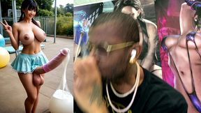 asian transgender girl filling up balloons with her transgender cum, ai generated