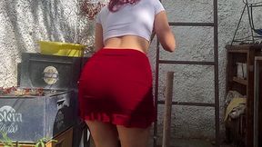 Stepdaughter's Yard Work in Short Skirt Reveals a Tempting Ass