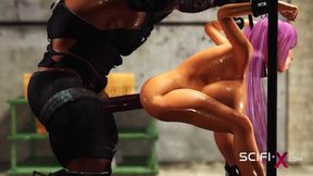 A hot Japanese college girl in cuffs enjoys wild sex in a sci-fi military bunker