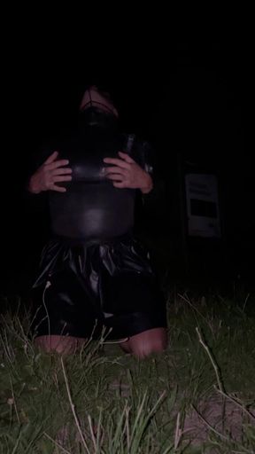Black Latex Dress Fishnet Latex Mask Pantyhose High Heels Outdoor Sissy Slut