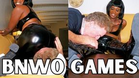 BNWO Games ft Queen Ava and John Maverick - An ebony female domination scene featuring: femdom, strap-on pegging, facesitting, foot worship, bnwo, and slave training - 4K MP4