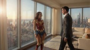 wife surprises her husband by arriving dressed as wonder woman; things got so hot that they ended up having sex in the office and he cums on her face (ai-generated video)