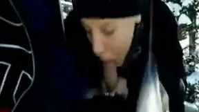 Horny auburn chick sucks delicious dick of her BF on the ski ropeway