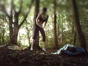 Jerking off outside with bra and tight girls leggings on