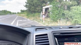 StreetFuck - Surfer Slut Almost Caught By Police Blowing Stranger in Car in PUBLIC