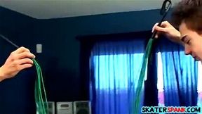 Two twinks join and whip their friend on pool table