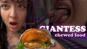 Hungry giant chews his food and burps, then devours you. Vore