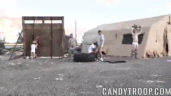 Army hunks in bareback outdoor orgy with interracial blowjobs