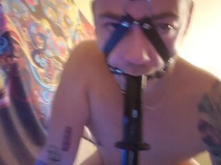 Sadomasochism ring gag, deepthroat training and drooling like avid on sextoy