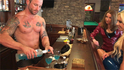 Foot worshiping bartender