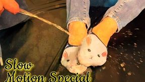 He piss on her feet in small cute colorful ballerina socks (silent slow motion special)