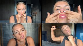 Helga plays with her nose, makes pig nose and and puts a stocking on her head
