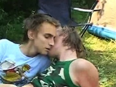 Camping twink tasting cum after breeding duo