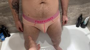 cute boy pissing with panties