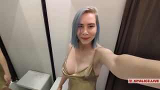 Trying on mini dresses and sexy clothes in a mall. Look at me in the fitting room and jerk,I like it