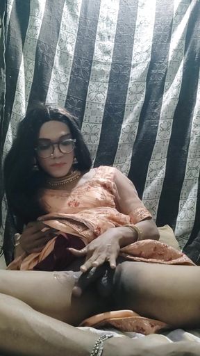 Stunning moment from &quot;Desi Indian shemale Cumming in traditional lehanga and eating her own cum&quot;
