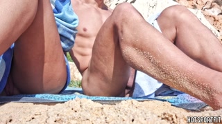 Hotsportfit Couple Mutual Masturbation on Public Beach - Big Cock Handjob