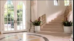 Nikki Benz fucked on the stairs and fed cum as Lucy Lee watches