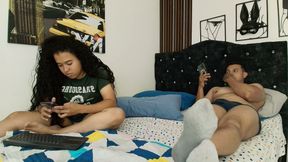 We touch each other in her bed very slutty my friend
