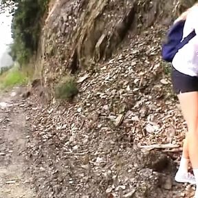 Horny German blonde masturbating on a mountain