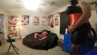 Giant fake tits crossdresser cumming watching photoshoot angle 2