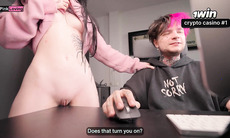 Stepbro melting computer while online, rubbing table and pinkloving, mischievous lady's raw vag rubbed, jewel fondling orgasms.