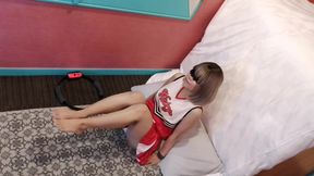 A cute, busty married woman does exercise 3 in a sexy cheerleader costume. Peeking down from above. Home made amateur Private Shoot