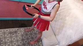 A cute, busty married woman does exercise 3 in a sexy cheerleader costume. Peeking down from above. Home made amateur Private Shoot