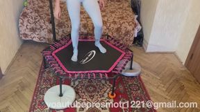 Nastya is jumping on a trampoline, with pillows and balls under her feet. jumping legs foot fetish crush fetish
