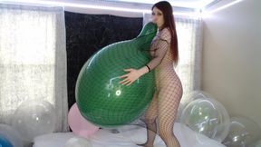 24-Inch Green Balloon Stuffing Inflating and Blow to Pop in Fishnet Bodysuit