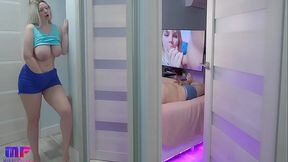 Blonde girlfriend with big natural tits spies on a hunk, then jerks off solo