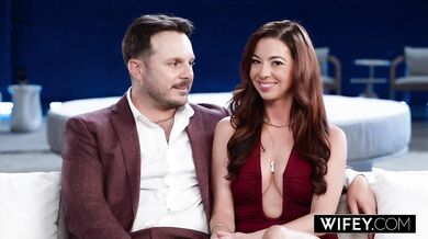 Redhead Jezebel takes creampie while cuckold films deepthroat threesome