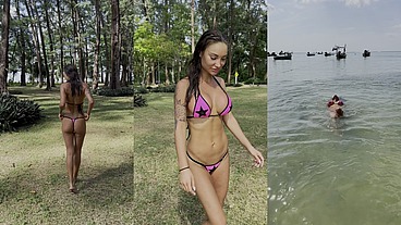 Monika Fox Poses In Pink Bikini With Stars On Beach