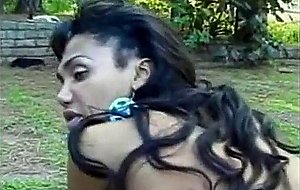 Sultry tranny with big breast fucking guy outdoor