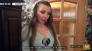 CUCK4K. Tight pussy is taking a stranger's cock because her husband has a small penis