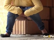 Blonde teen pisses on a building site to relieve pee desperation