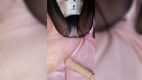 Leggy Chinese with hairy cunt gives dildo footjob and lays with her pussy