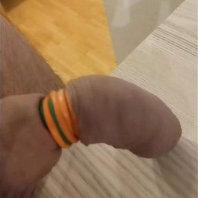 Cumming with limp cock banded with 10 bands