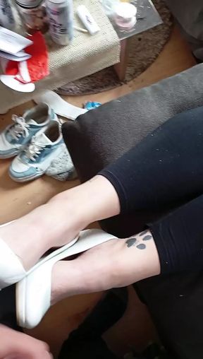 Cum on white heels