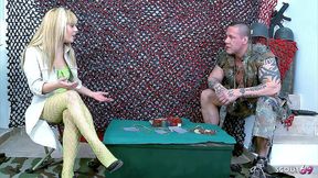 long blonde hair beauty girl in fishnet pantyhose get hard fucked by bodybuilder at military roleplay porn