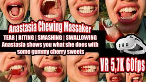 VR 3D 5,7K | Anastasia presents her perfect teeth: incisors, canines and molars in action as she chews and swallows gummy cherries right in front of you