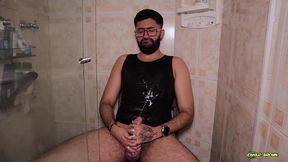camilo brown intensely edging his big cock shooting his cum multiple times and squirting on his black shirt